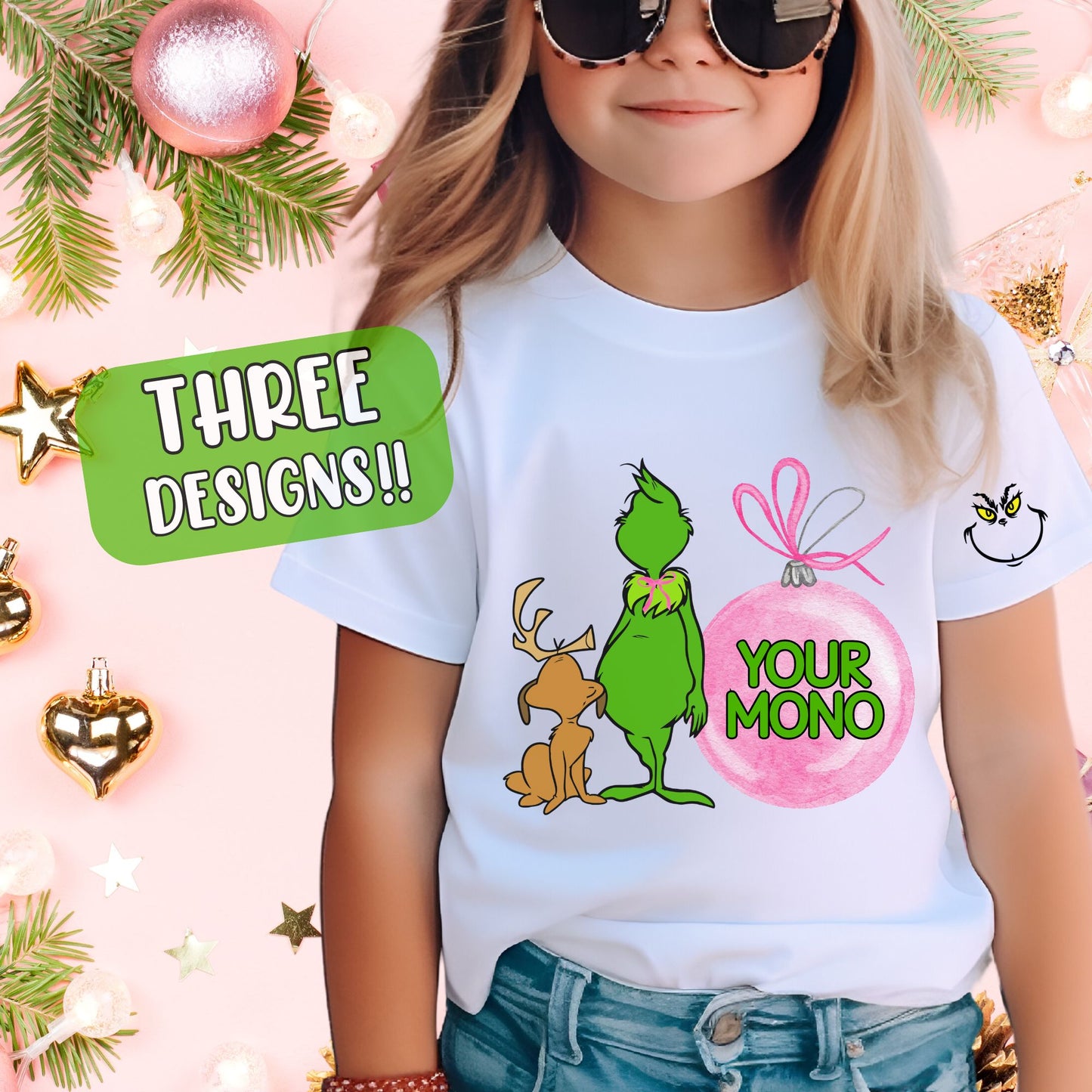 Grinch monogram girl, grinch monogram boy, red, pink, png, 3 files